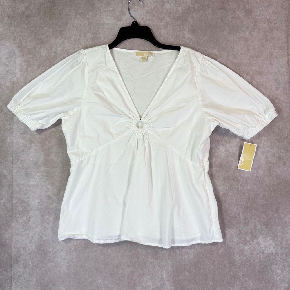 Michael Kors Peplum Blouse Women XL White Ring Puff Sleeve Romantic Cottage Chic